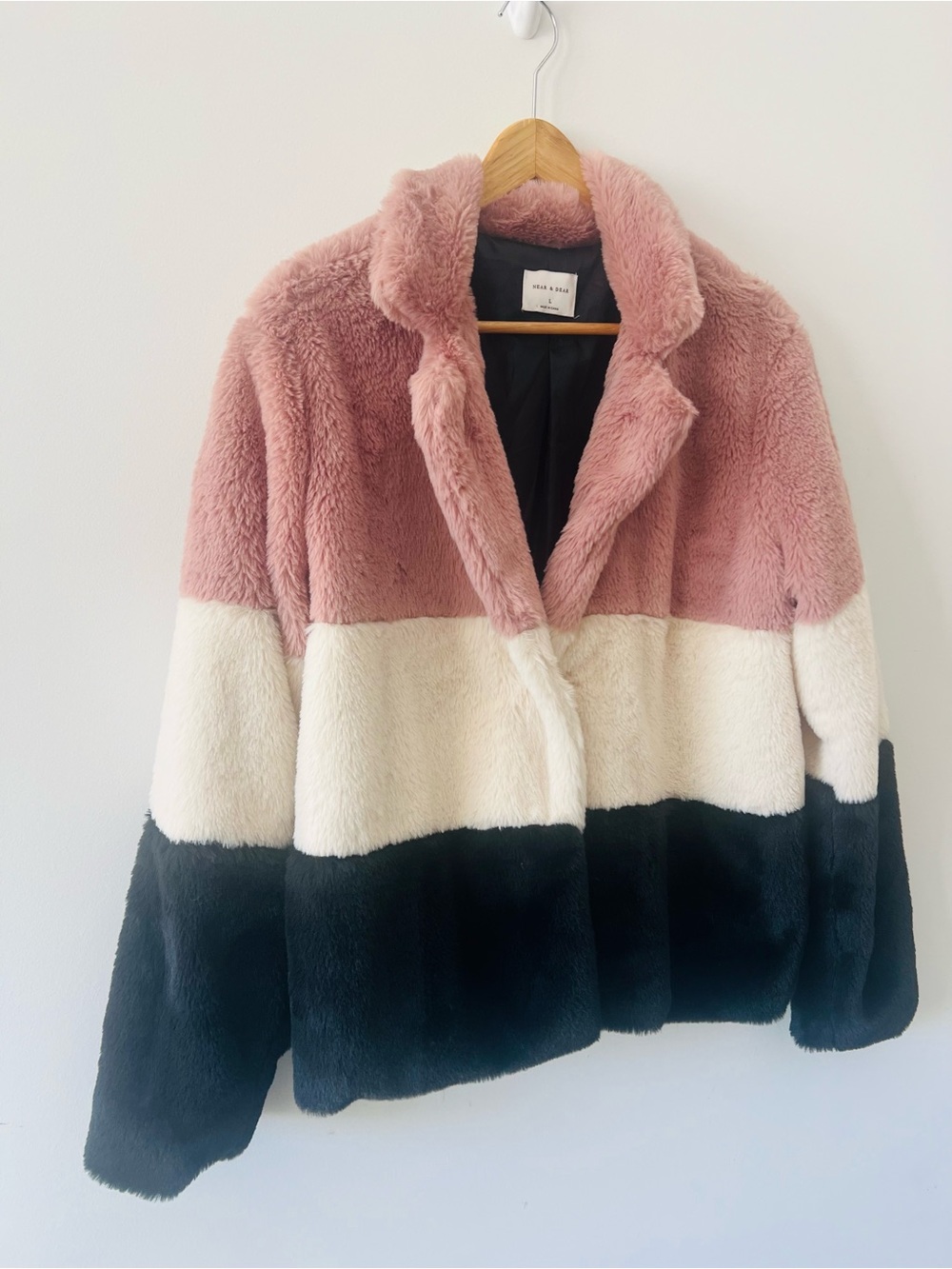 Near & Dear Tricolor Colorblock Faux Fur Jacket Cream Black Dusty Rose